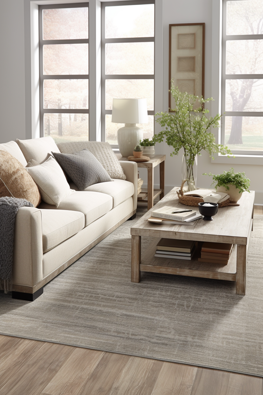 A living room with a beige couch and a elegant coffee table.