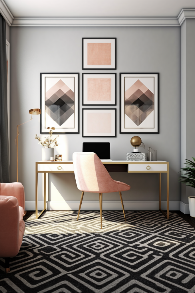 A home office with a pink rug and black chairs, creating a pattern harmony.