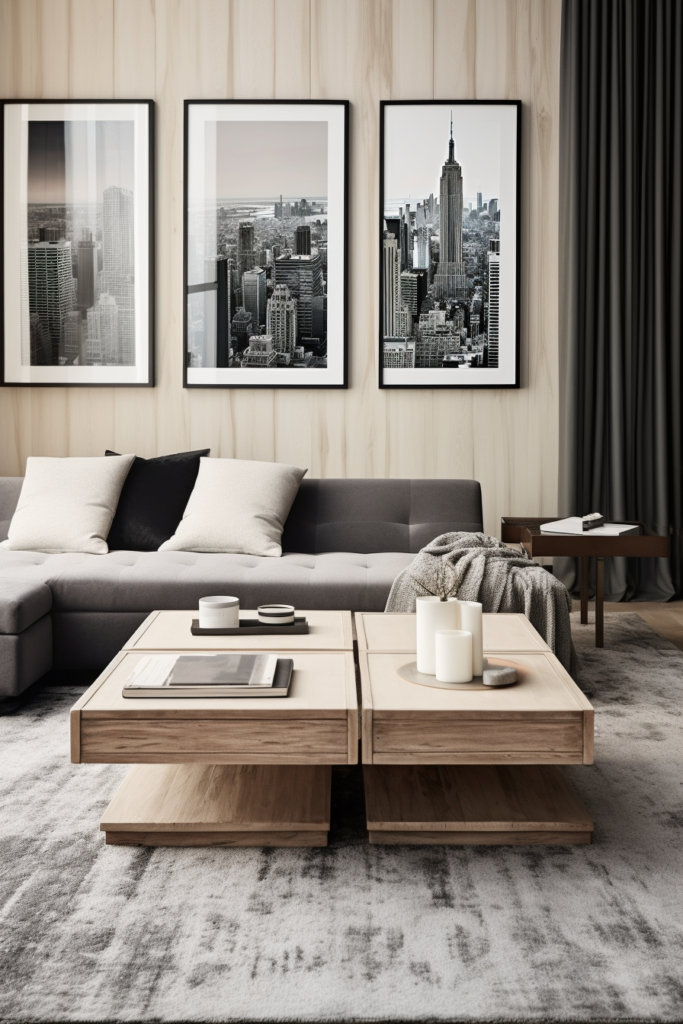 A modern living room with stylish pairings and framed pictures on a coffee table.