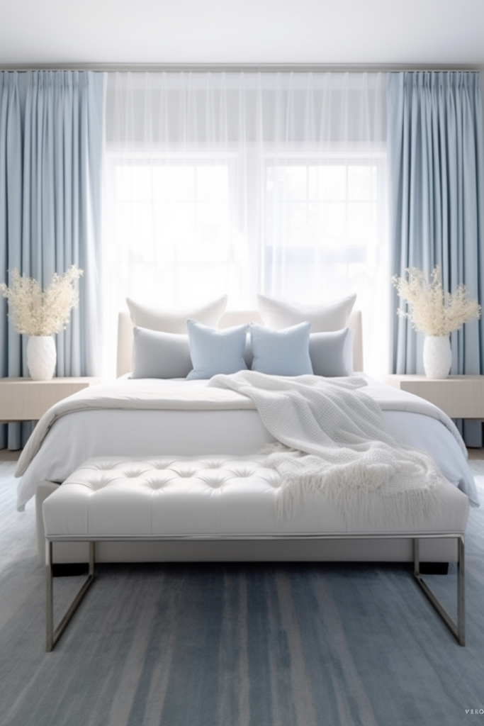 A bed with beautiful blue curtains and white pillows.
