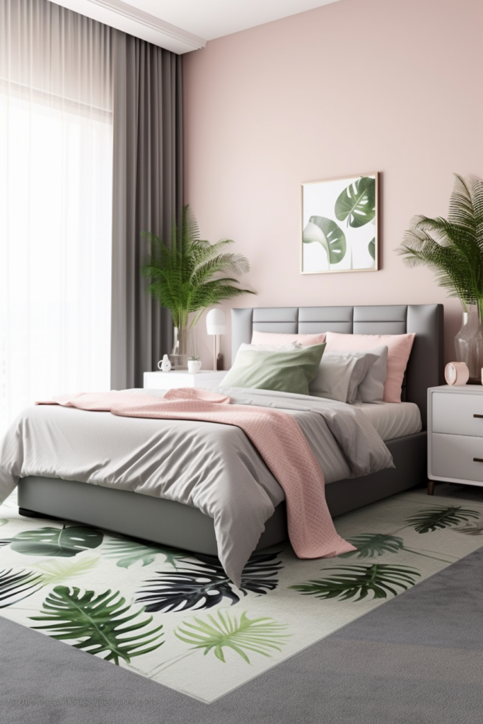 A modern bedroom with pink walls and green plants, showcasing color connections.