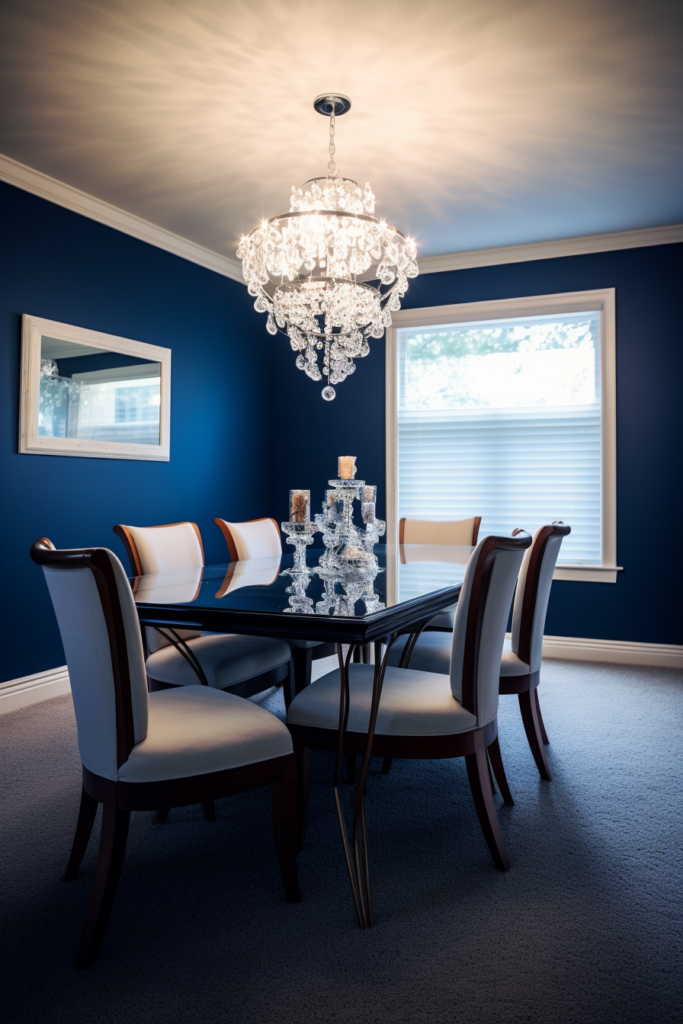 A chandelier illuminates a table, creating color connections with the surrounding decor such as wall colors and a grey carpet.