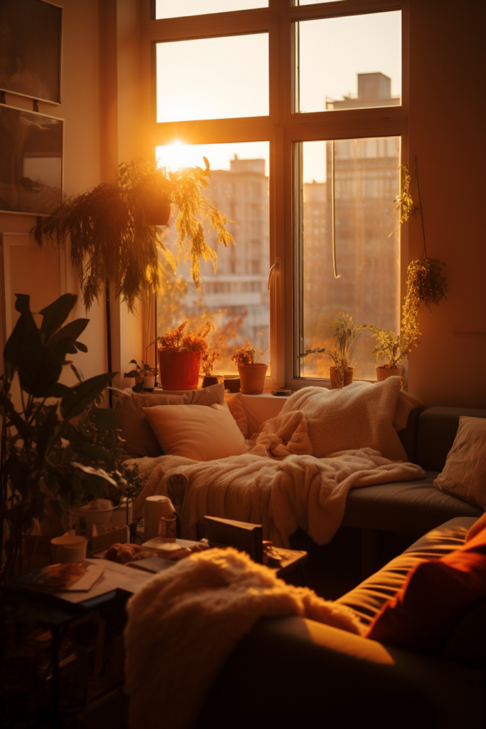 A warmly decorated couch in a living room with an apartment aesthetic.