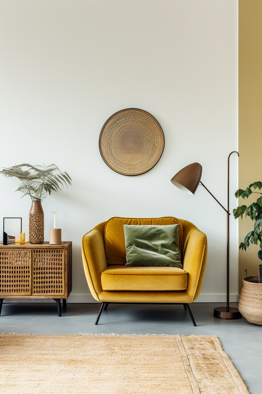 This cozy living room features a yellow chair and a potted plant, creating warm textures in a minimalist space.