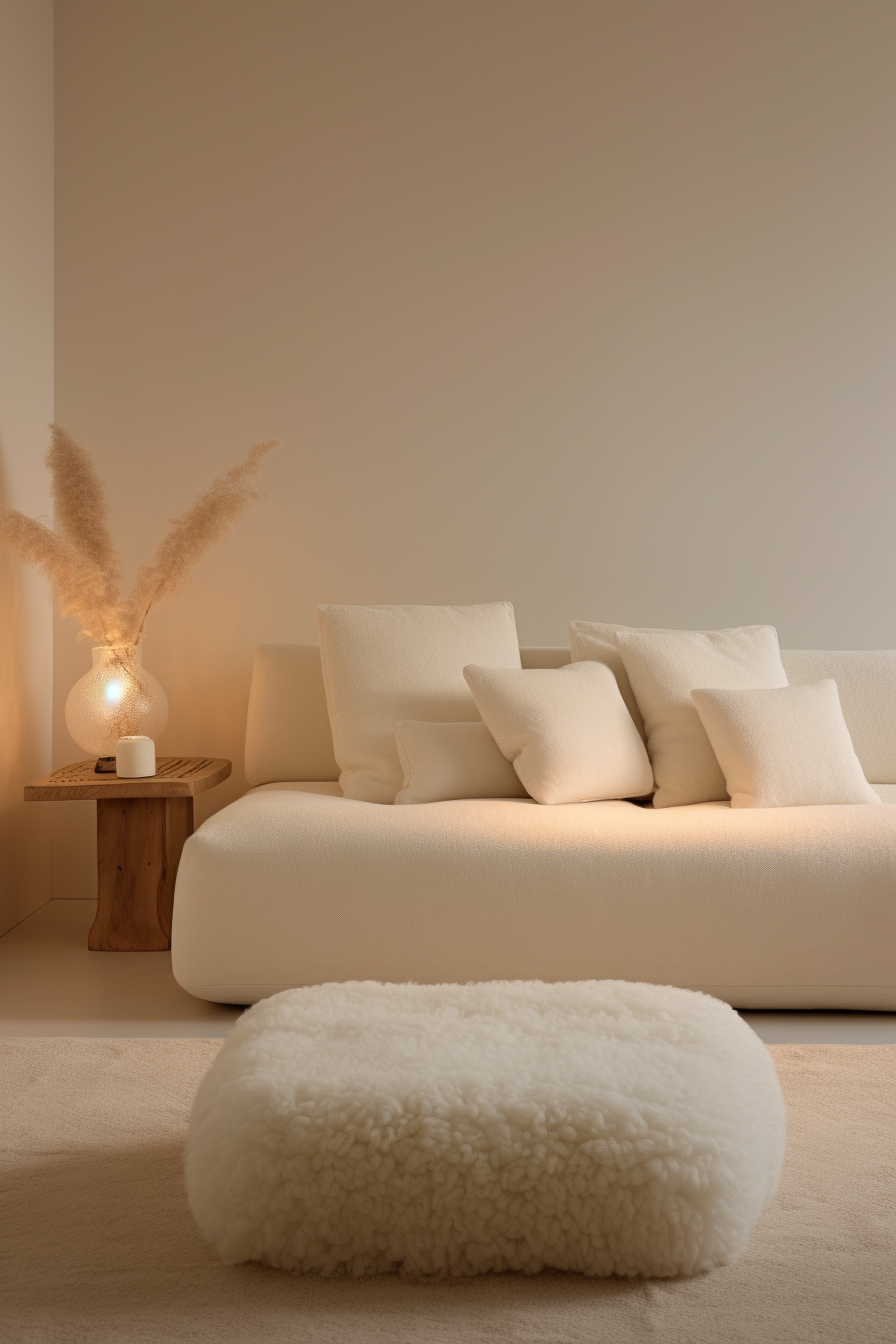 A minimalist room with a white couch and a cozy sheepskin rug, creating warm textures and comfort.