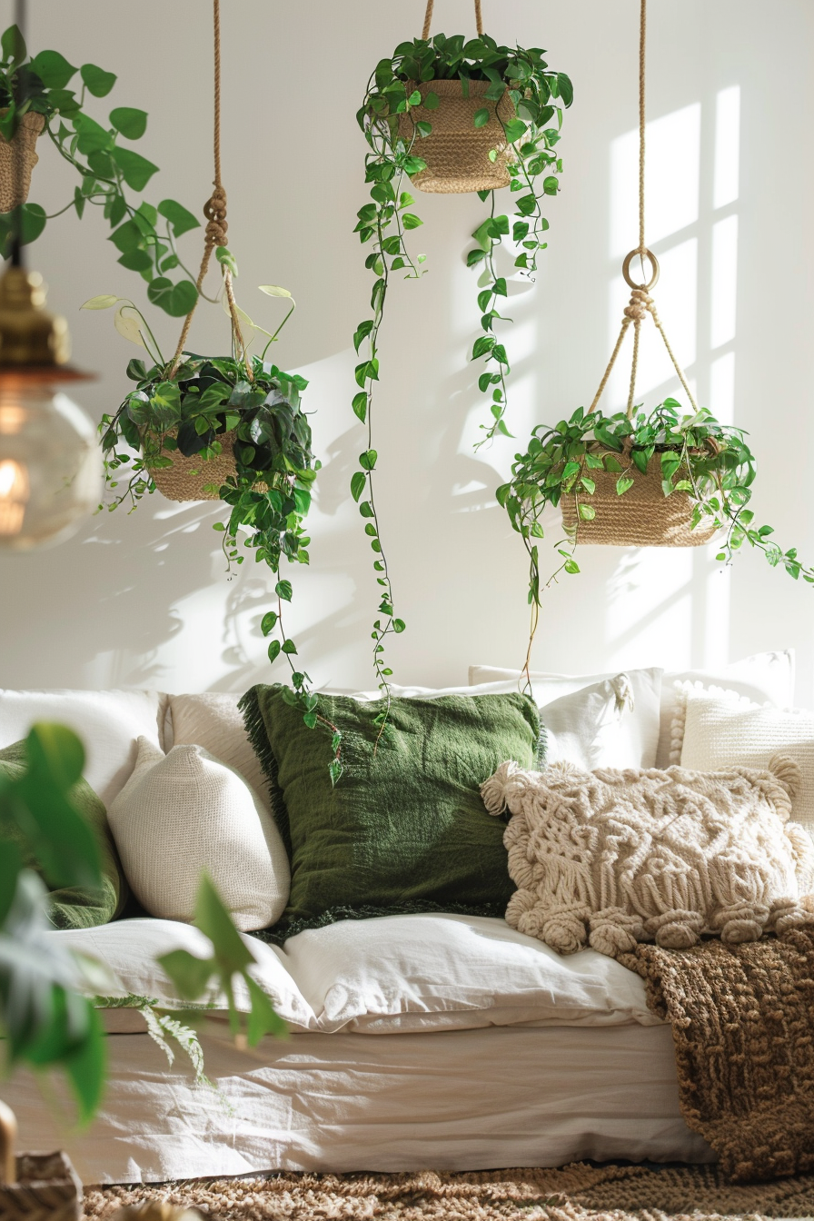 A Boho Chic living room with plants hanging from the ceiling.