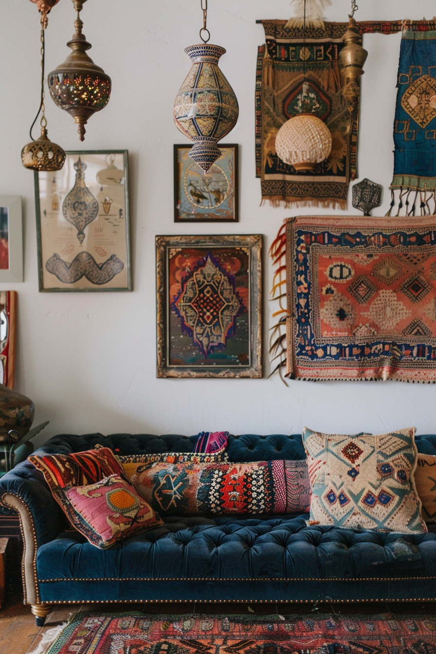 A living room with a blue couch and a lot of rugs adorned in boho chic style.