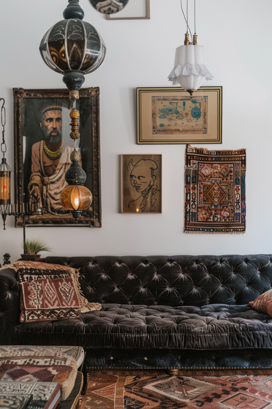 A living room with a black leather couch and a rug, perfect for boho chic style.