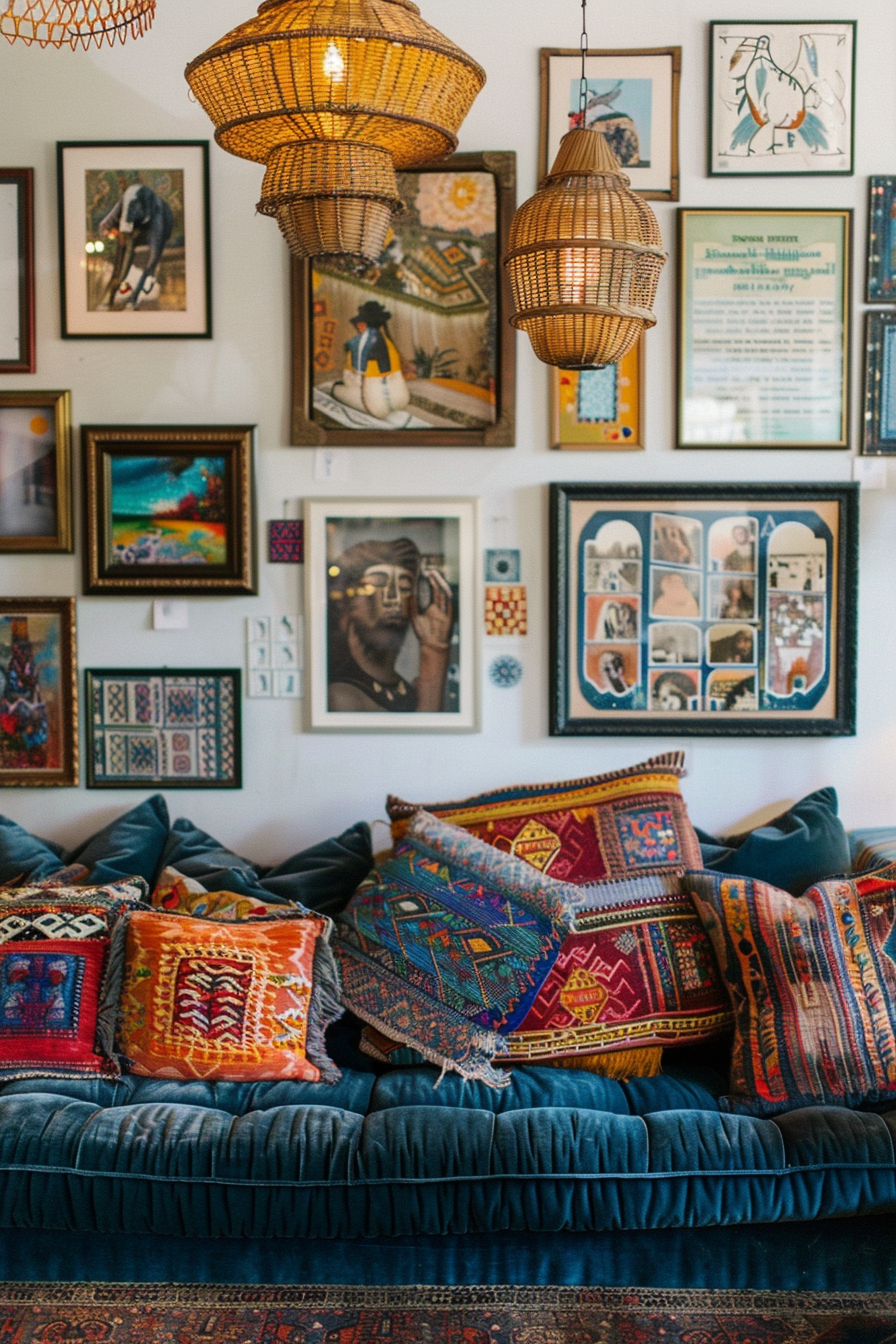 A living room with many framed pictures and Boho Chic pillows.