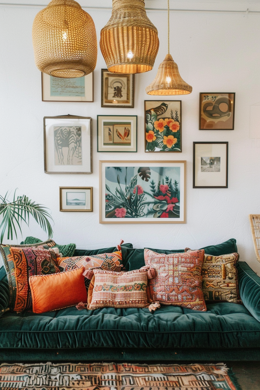 A living room with a green velvet sofa, framed pictures, and Boho Chic decor.
