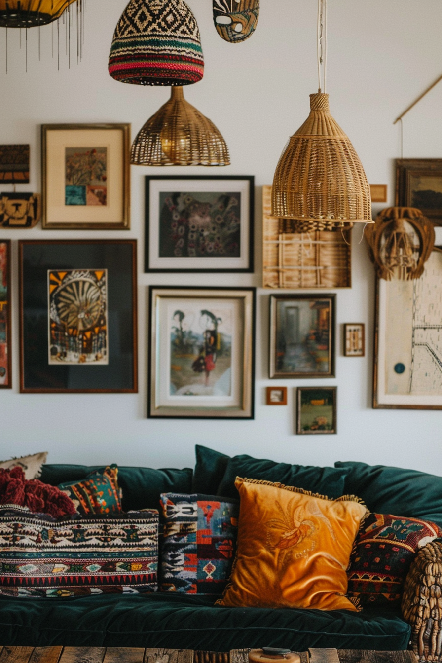 A living room with a lot of framed pictures on the wall, showcasing Boho Chic style.