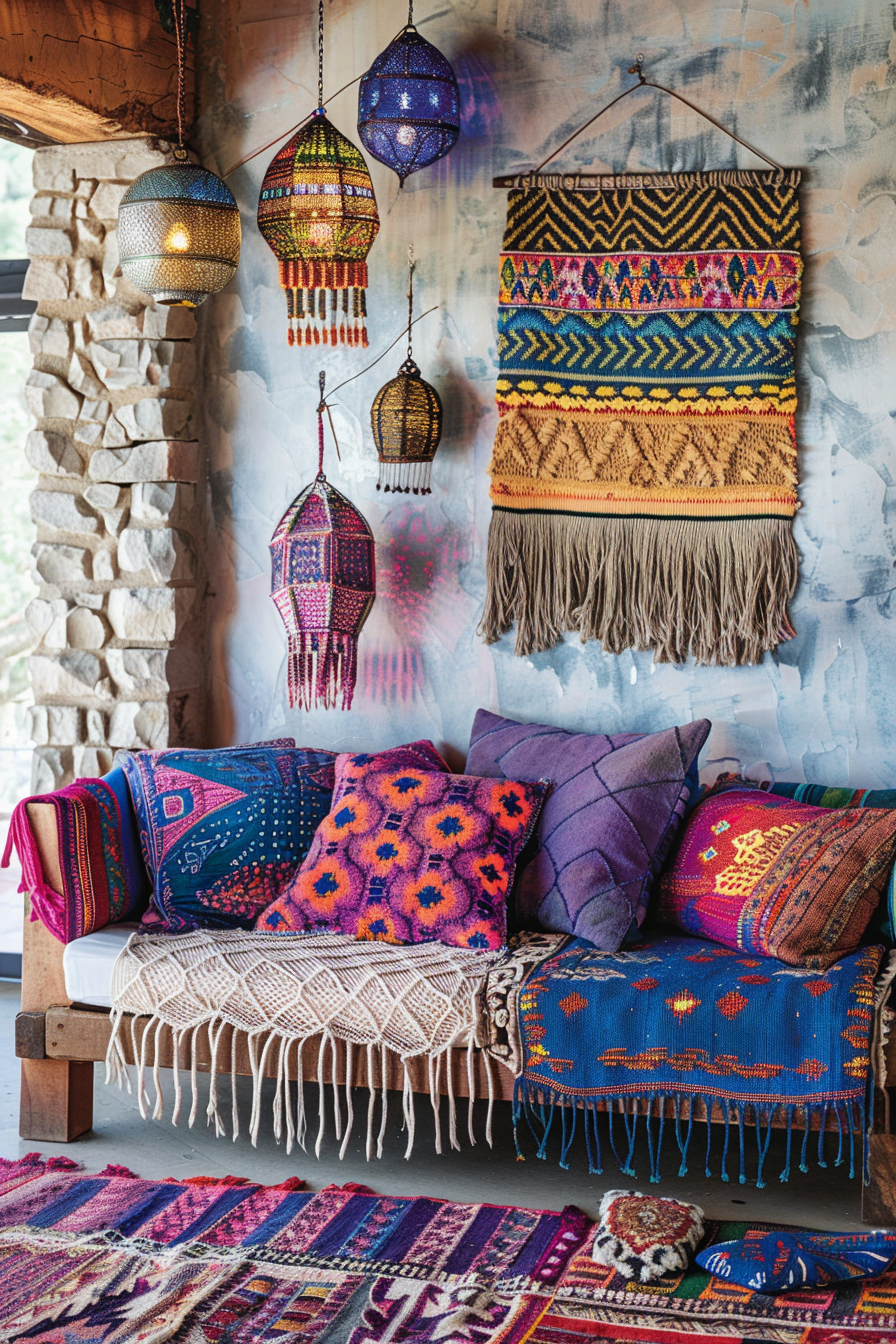 A living room with colorful pillows and rugs, perfect for a Boho Chic vibe.