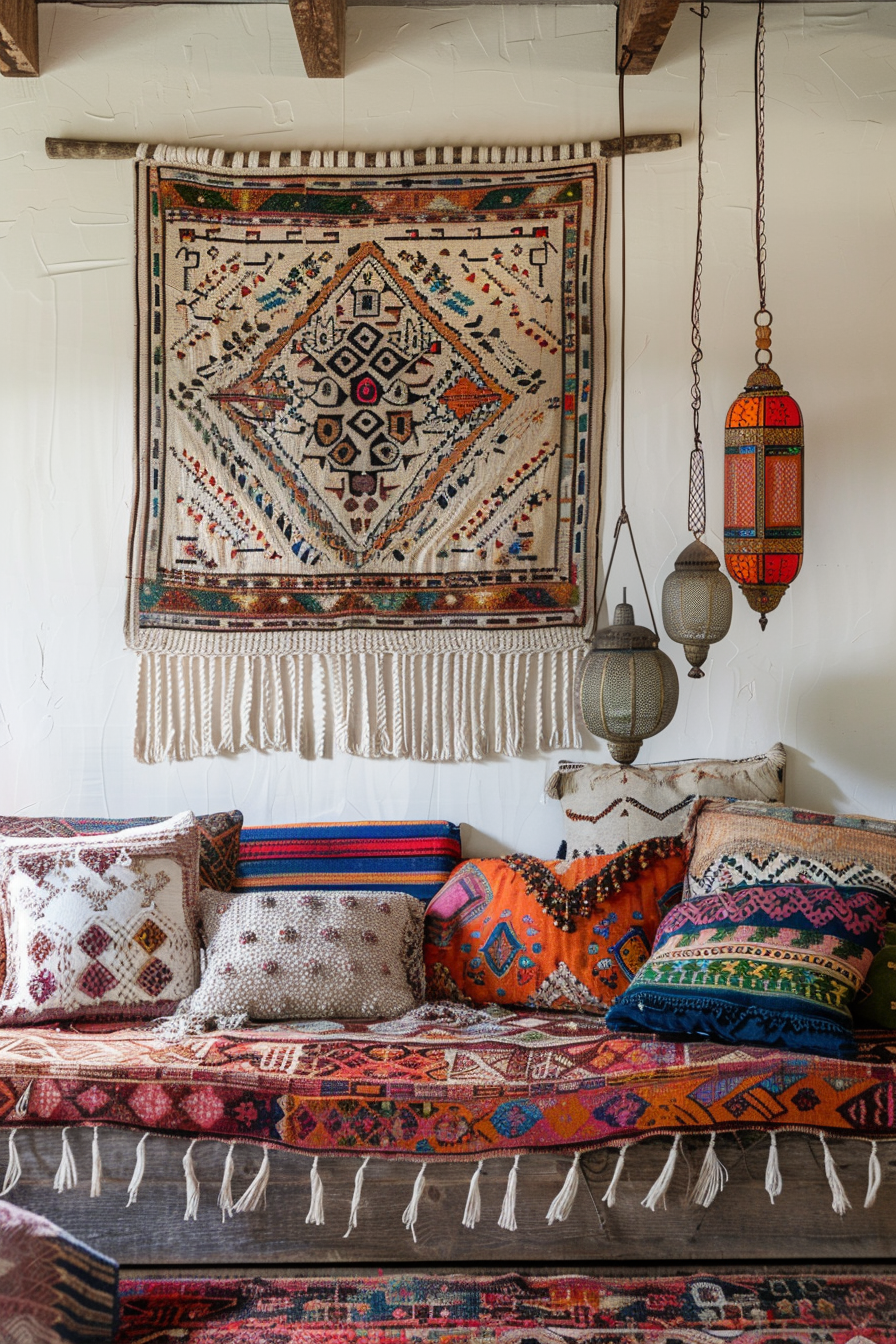 A living room with a rug, pillows, and ***Boho Chic*** accents.