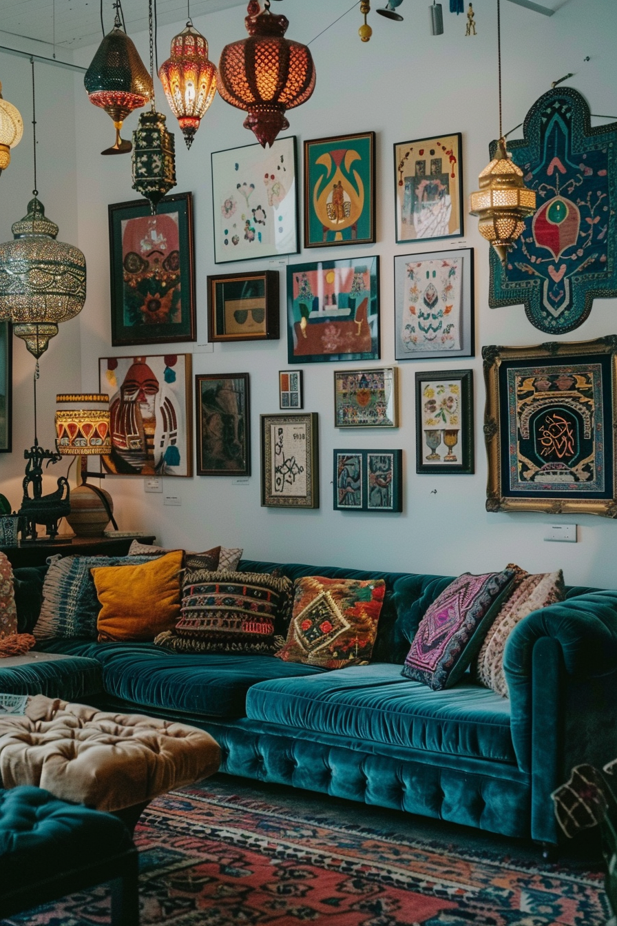 A living room with a blue couch and a lot of framed pictures, utilizing wall space for a boho chic look.