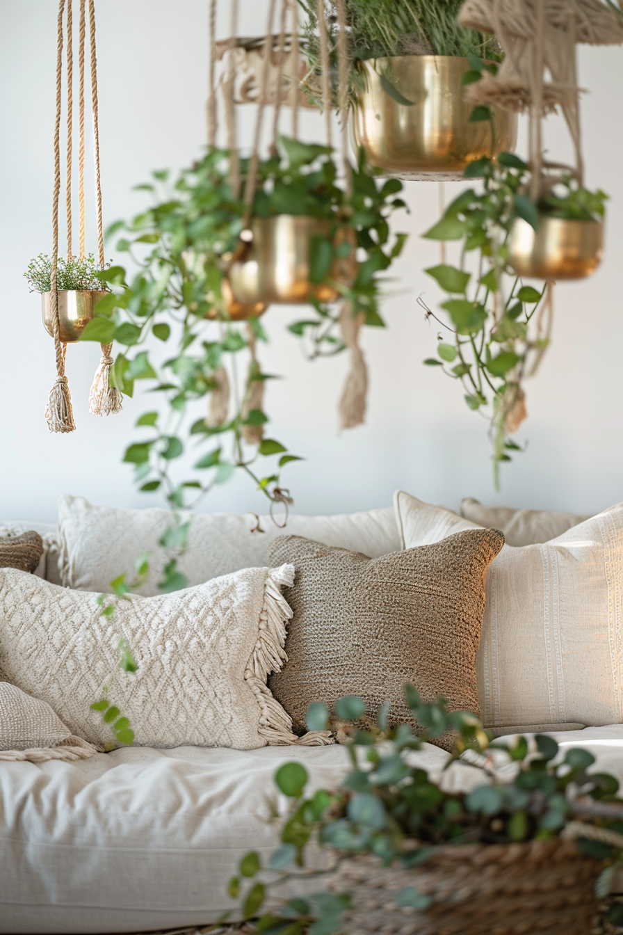 A Boho Chic living room with plants decorating the wall space.