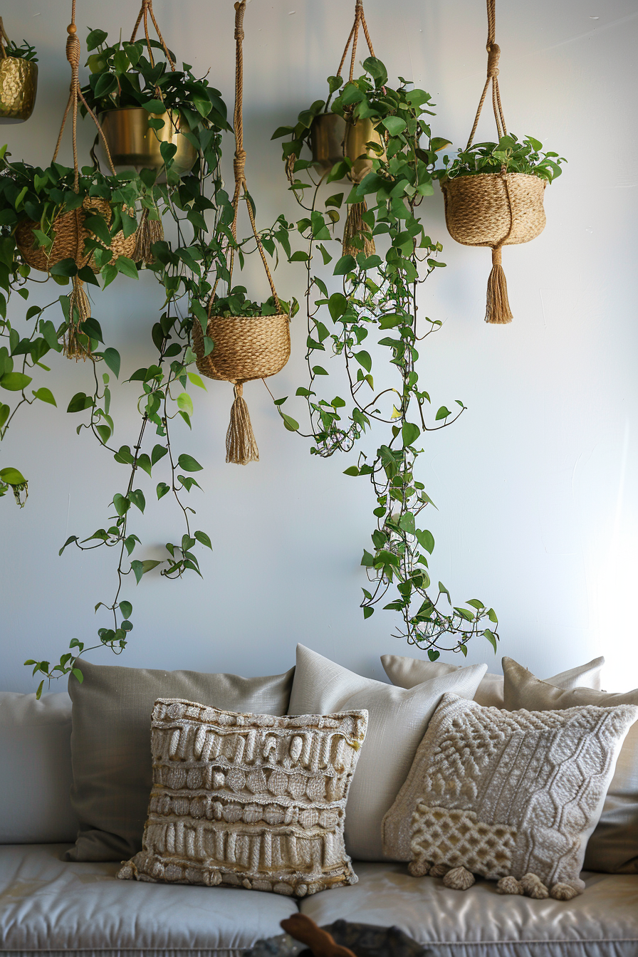 A living room with hanging plants and boho chic pillows.