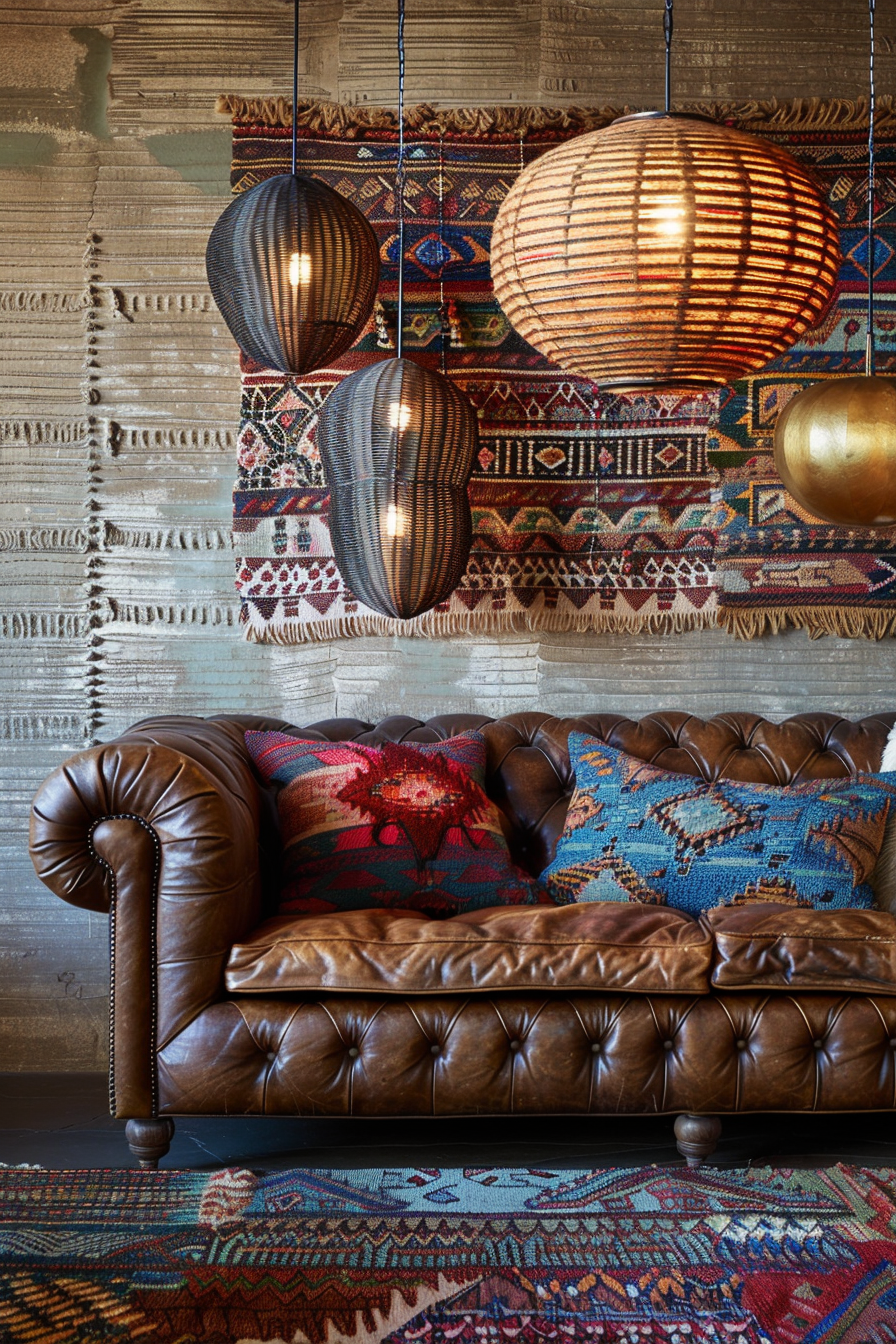 A brown leather couch in a boho chic living room with wall space utilized for decor.