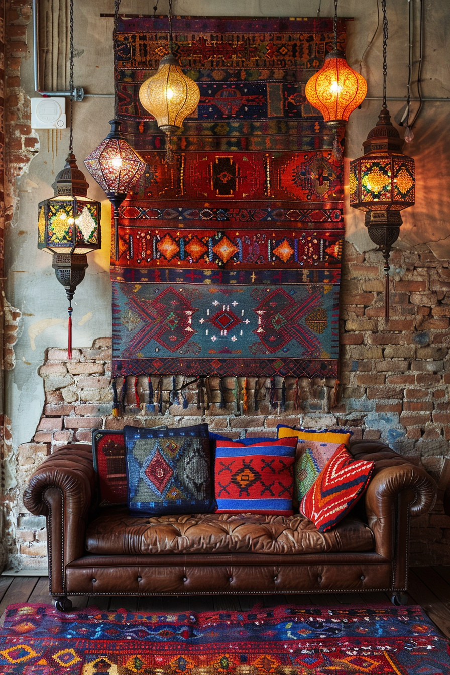 A leather couch in a room with a colorful rug and Boho Chic vibes.