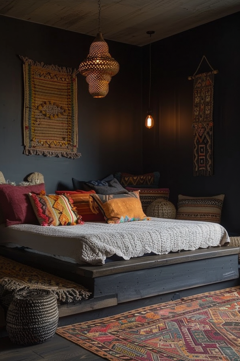 Cozy Elegance of Dark Moody Bedrooms with Bohemian Vibes - Quiet Minimal