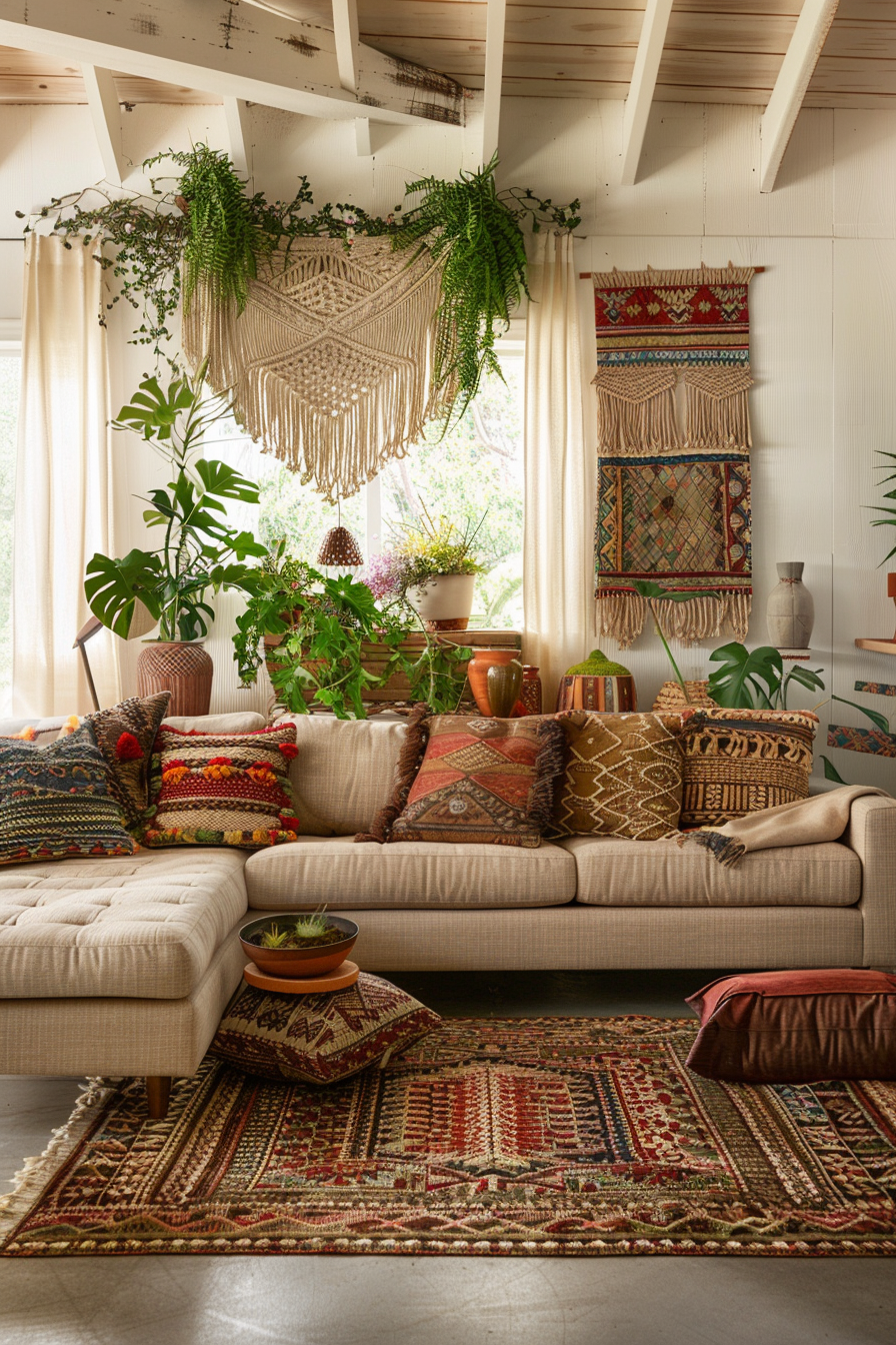 A living room with a couch, rug, and creative wall decor.