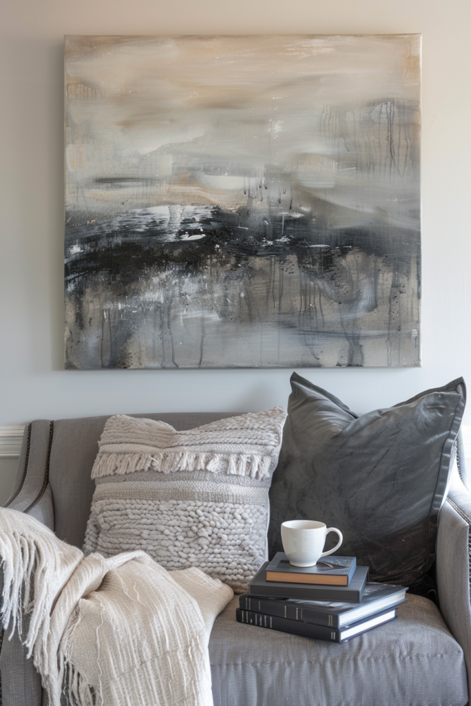 A gray couch with pillows and a painting on the Living Room wall.