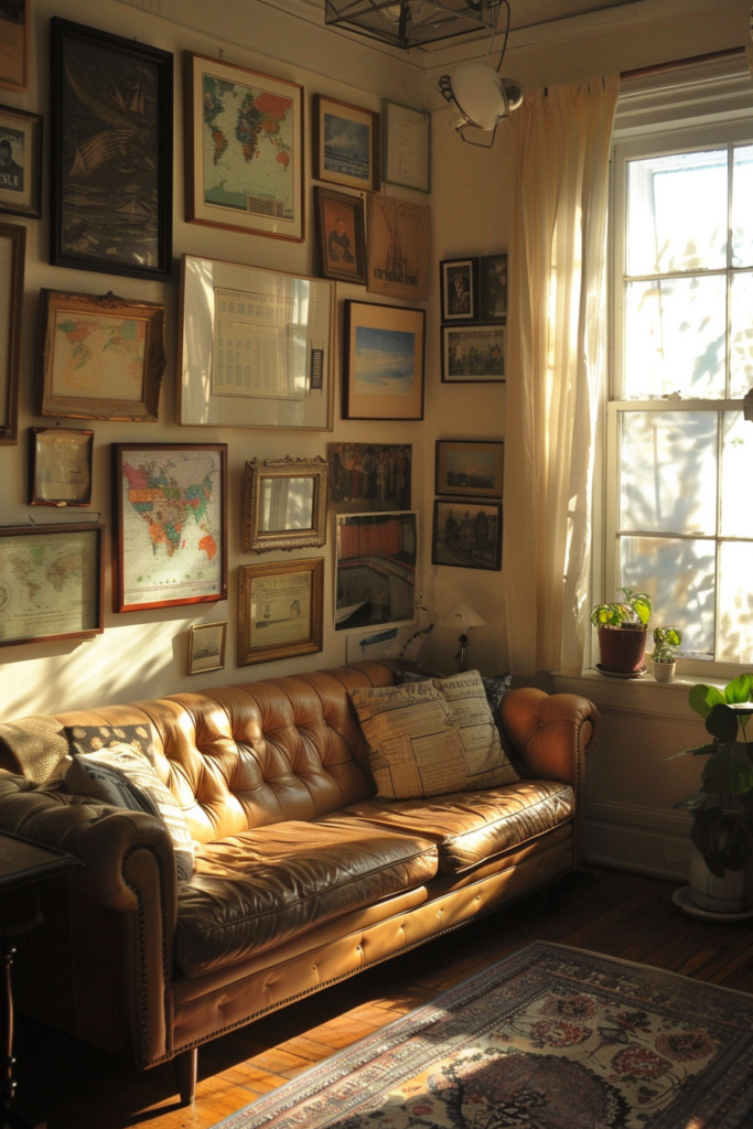 A leather couch in a room with framed pictures for creative living room wall decor.