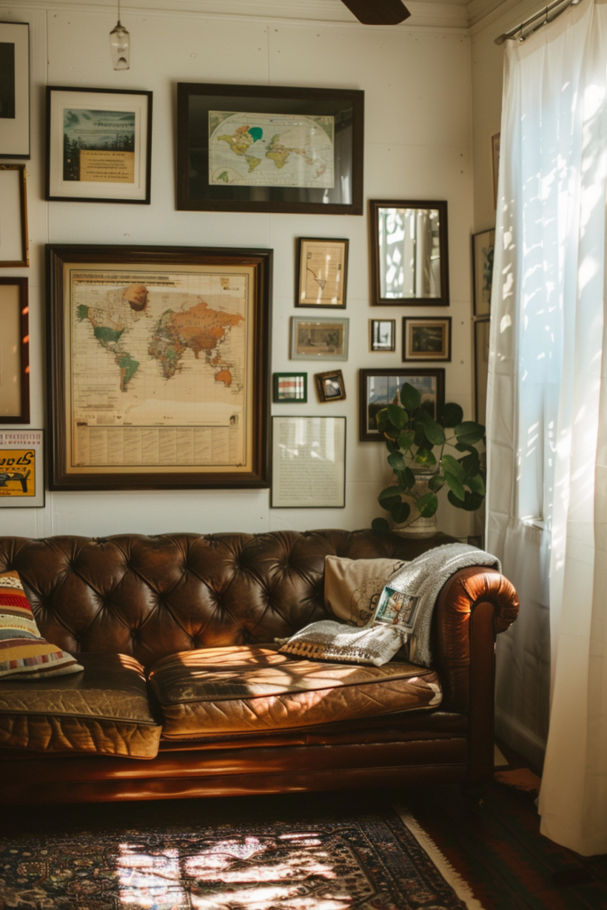 A brown leather couch in a living room with cozy decor.