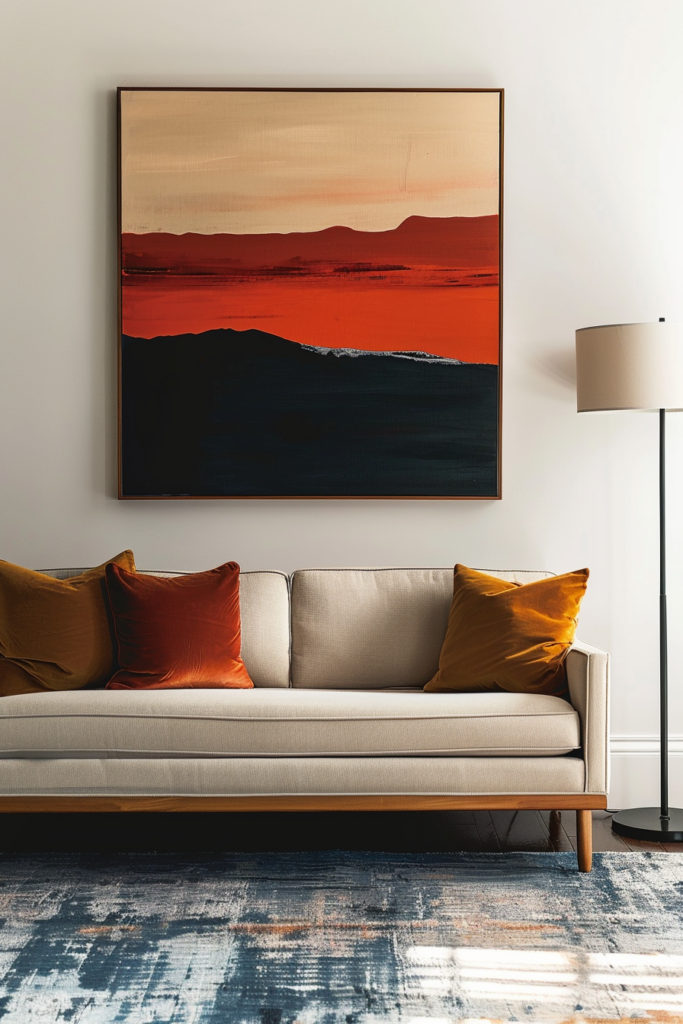 An abstract painting hangs above a couch in a living room as creative wall decor.