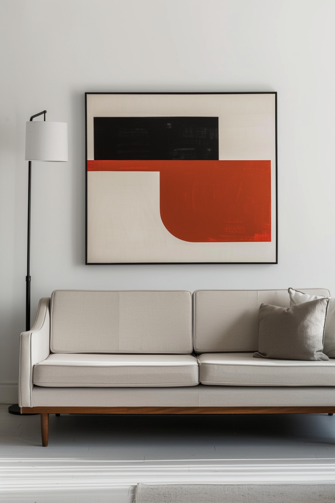 An abstract painting hangs above a couch in a living room, serving as the perfect wall decor.