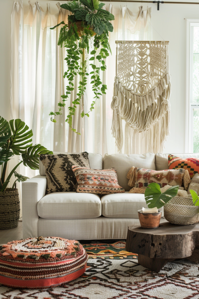 Bohemian living room decor with creative ideas for above couch.