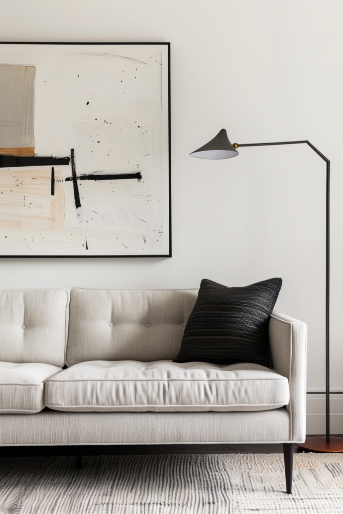 A living room with a white couch and a large painting as wall decor.