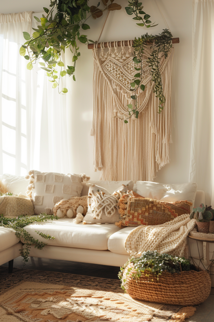 Creative Bohemian living room wall decor.