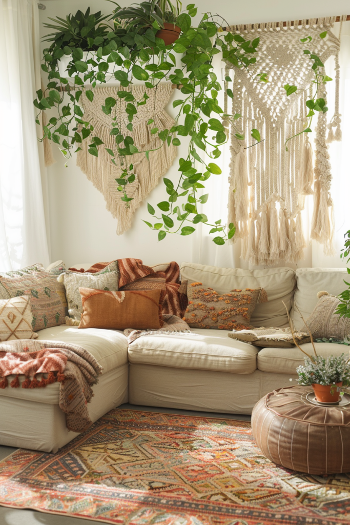Bohemian living room decor with creative ideas for above the couch.