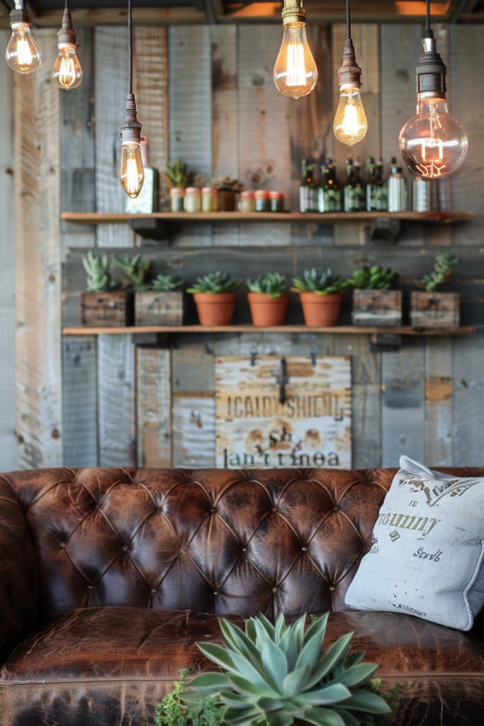 A Leather couch is sitting in front of a wooden Living Room Wall Decor.