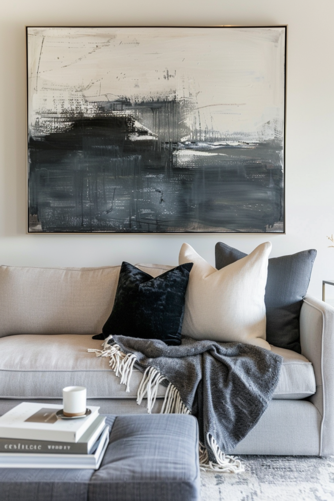 A living room with a grey couch and a black and white painting as creative ideas for living room wall decor.
