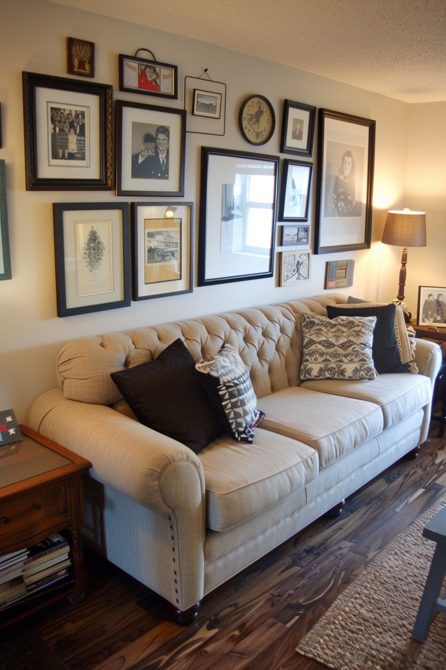 A living room with a couch and a coffee table.