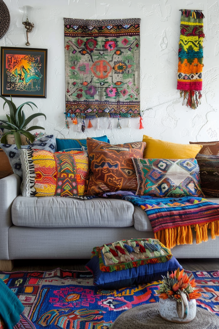 A living room with a colorful couch and gallery wall.