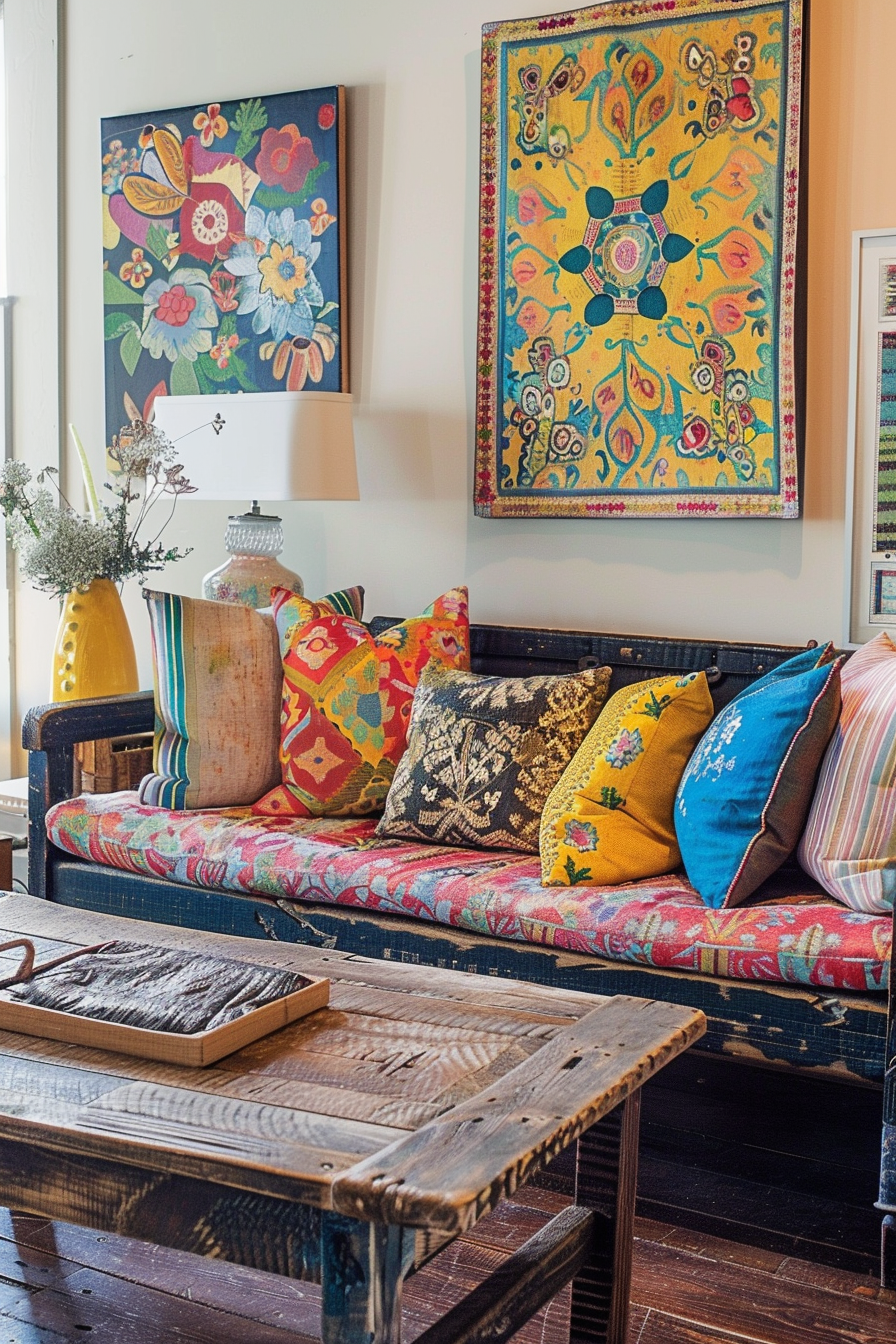 A colorful couch above the gallery wall in a living room.