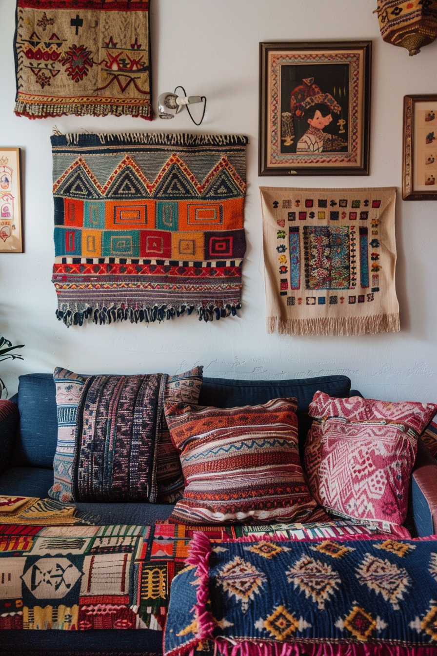 A living room with many colorful rugs on the wall above couch.