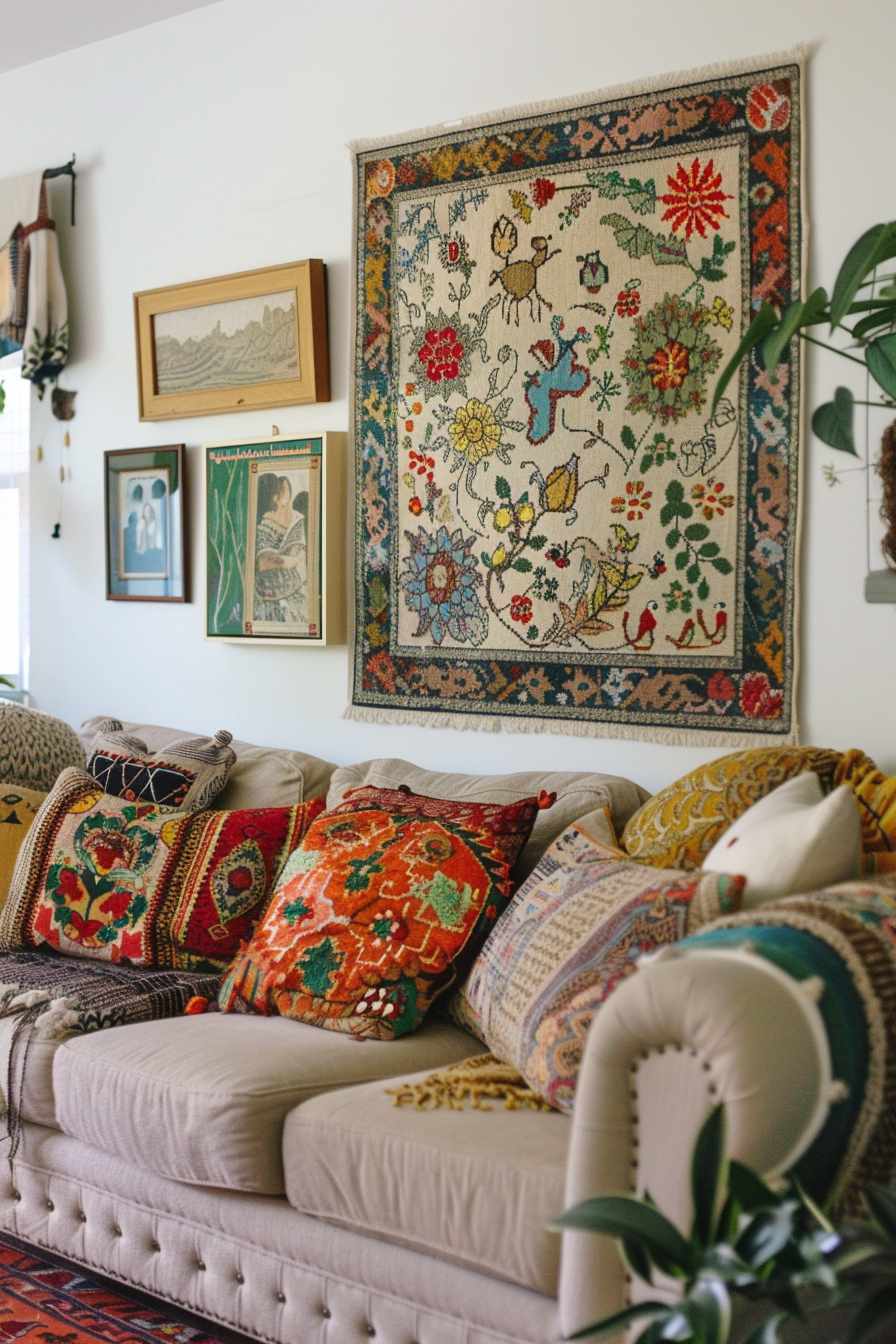 A couch in a living room with a Gallery wall.