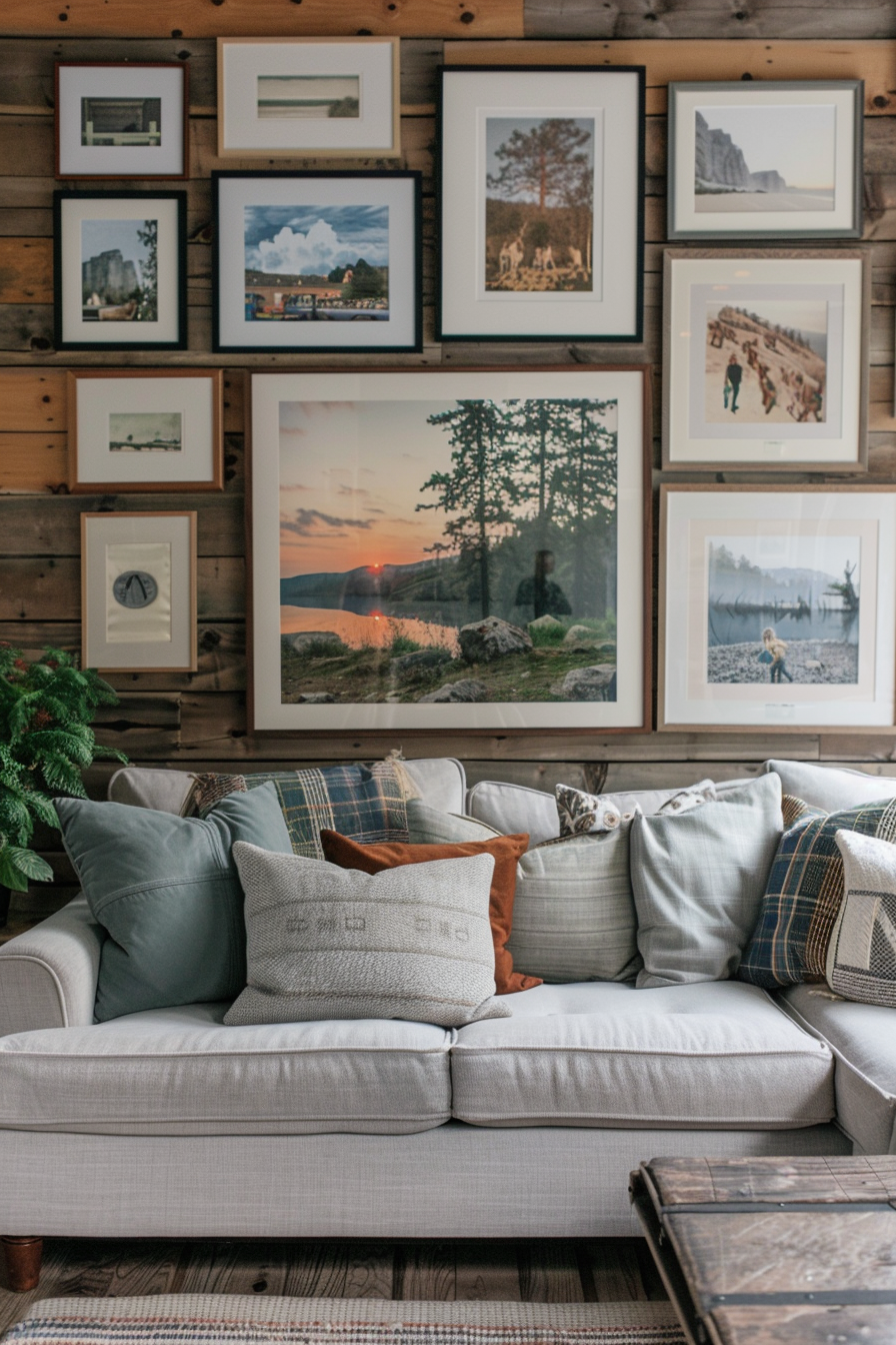 A living room with a gallery wall featuring lots of framed pictures.
