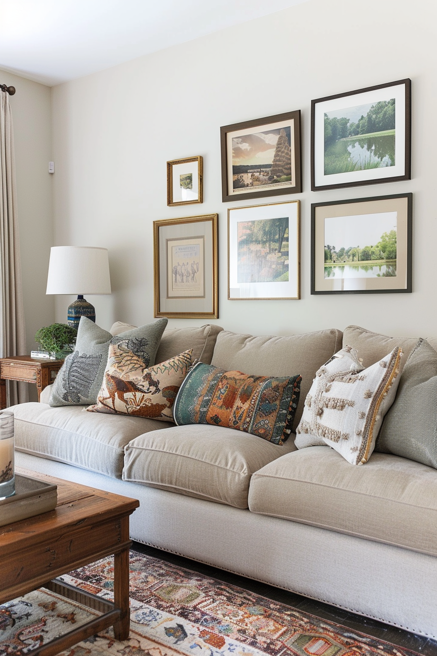 A living room with a couch, coffee table and above the couch is a gallery wall of framed pictures.