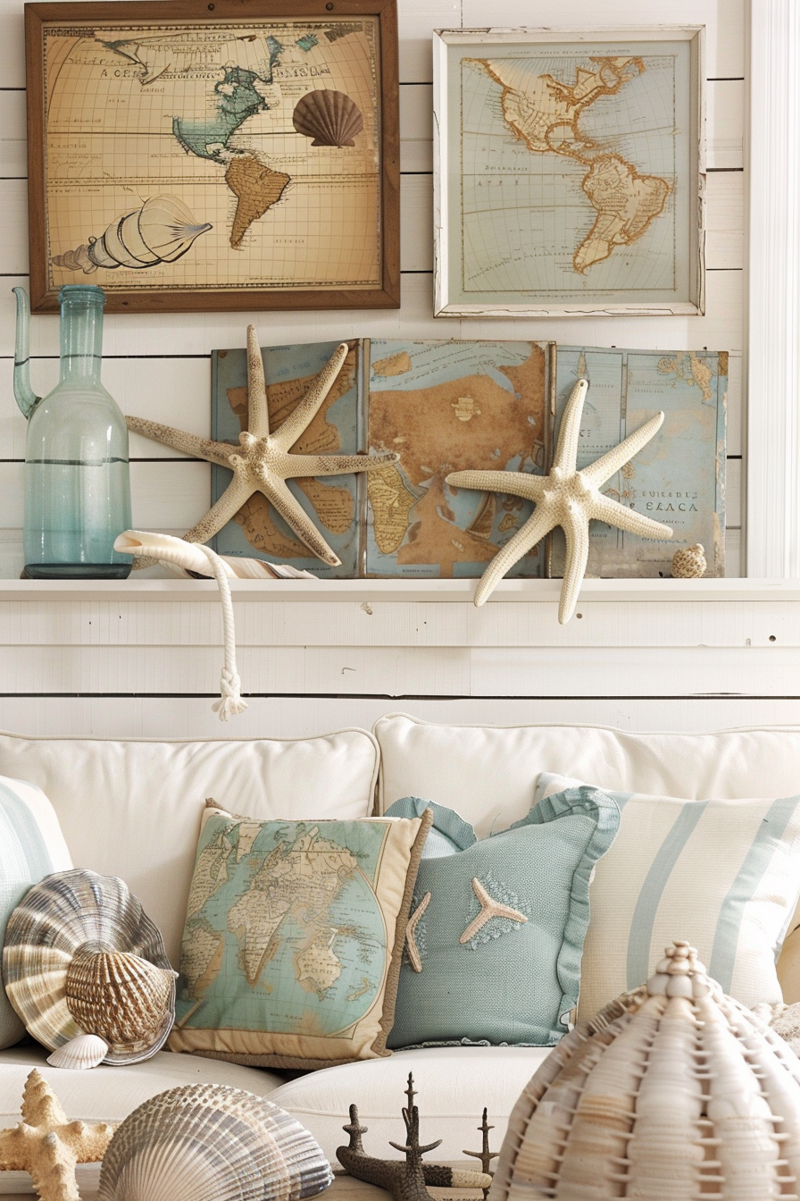 A living room decorated with **nautical design** and seashells.
