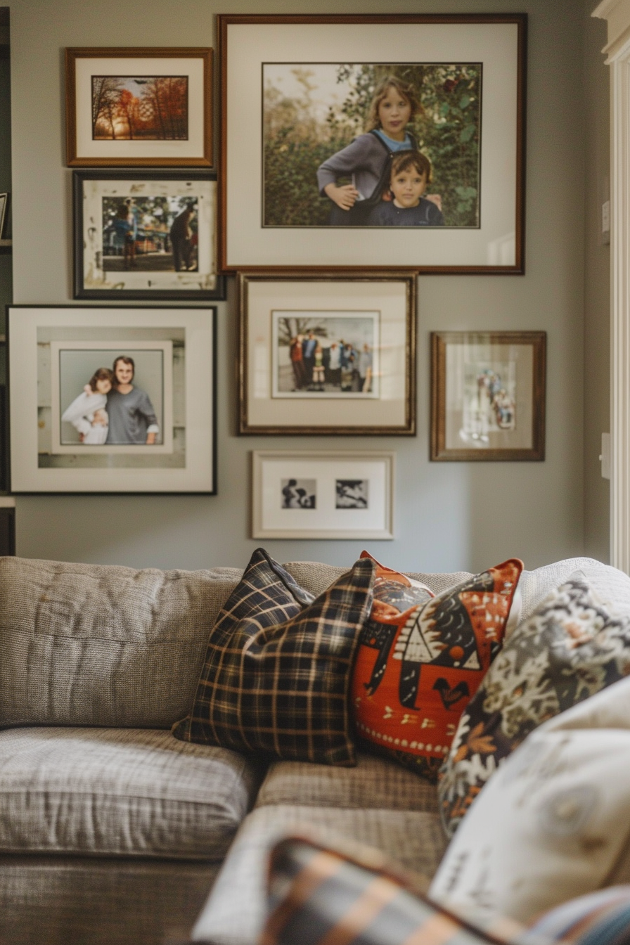 A living room with a gallery wall of framed pictures and a couch.