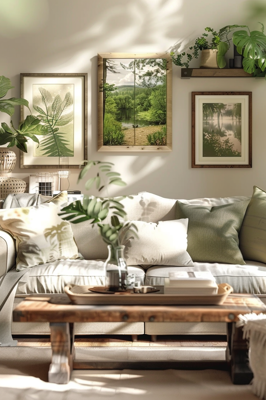 A living room with lots of plants and a gallery wall of framed pictures.