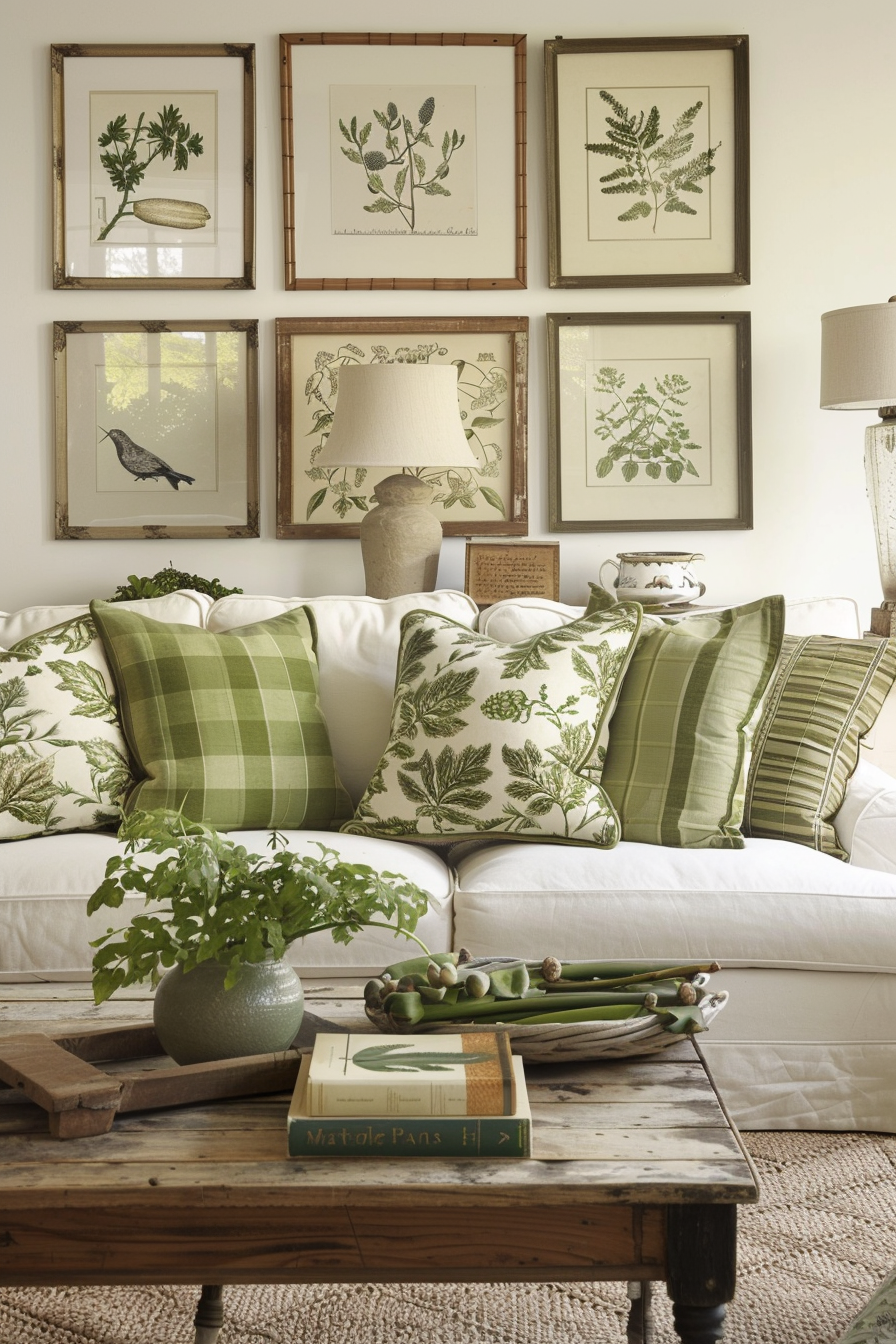 A living room with green pillows and framed pictures above couch.