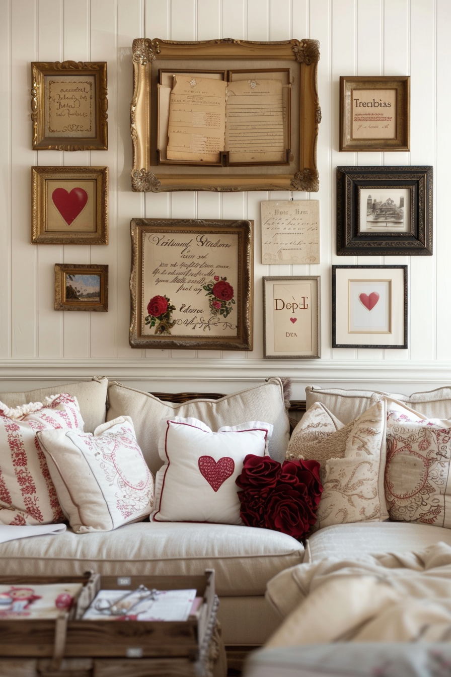Valentine's day decorating ideas for a Gallery Wall above couch.