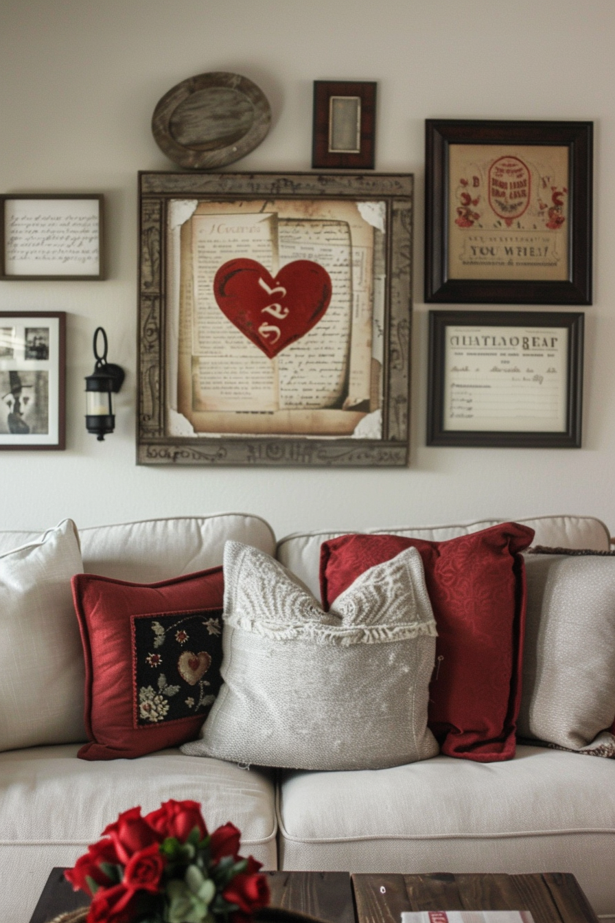 Valentine's day living room decor featuring a stunning Gallery Wall above the couch.