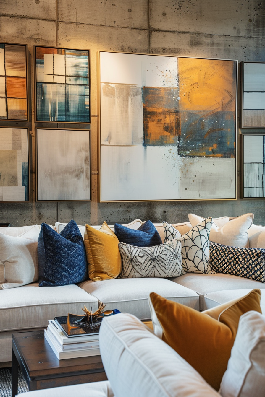 A living room with a white couch and yellow pillows featuring a gallery wall above the couch.