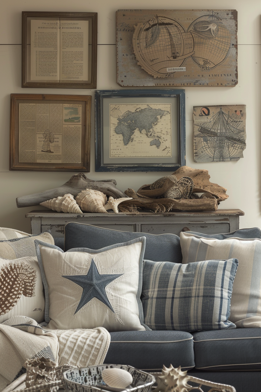 A living room with a blue couch and nautical decor ideas.
